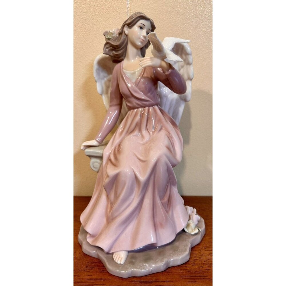 RARE Vintage O'Well Porcelain Figurine Angel Sitting on a Bench w/ a Dove